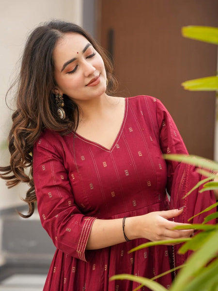 Hirva Maroon Colour Cotton Anarkali Suit Set