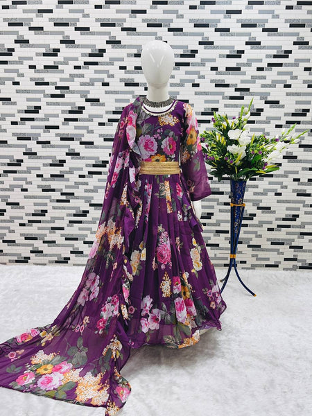 Presenting New Designer Heavy Fox Georgette Gownn With Digital Print Work Ready To Wear Collection OC-143-Violet