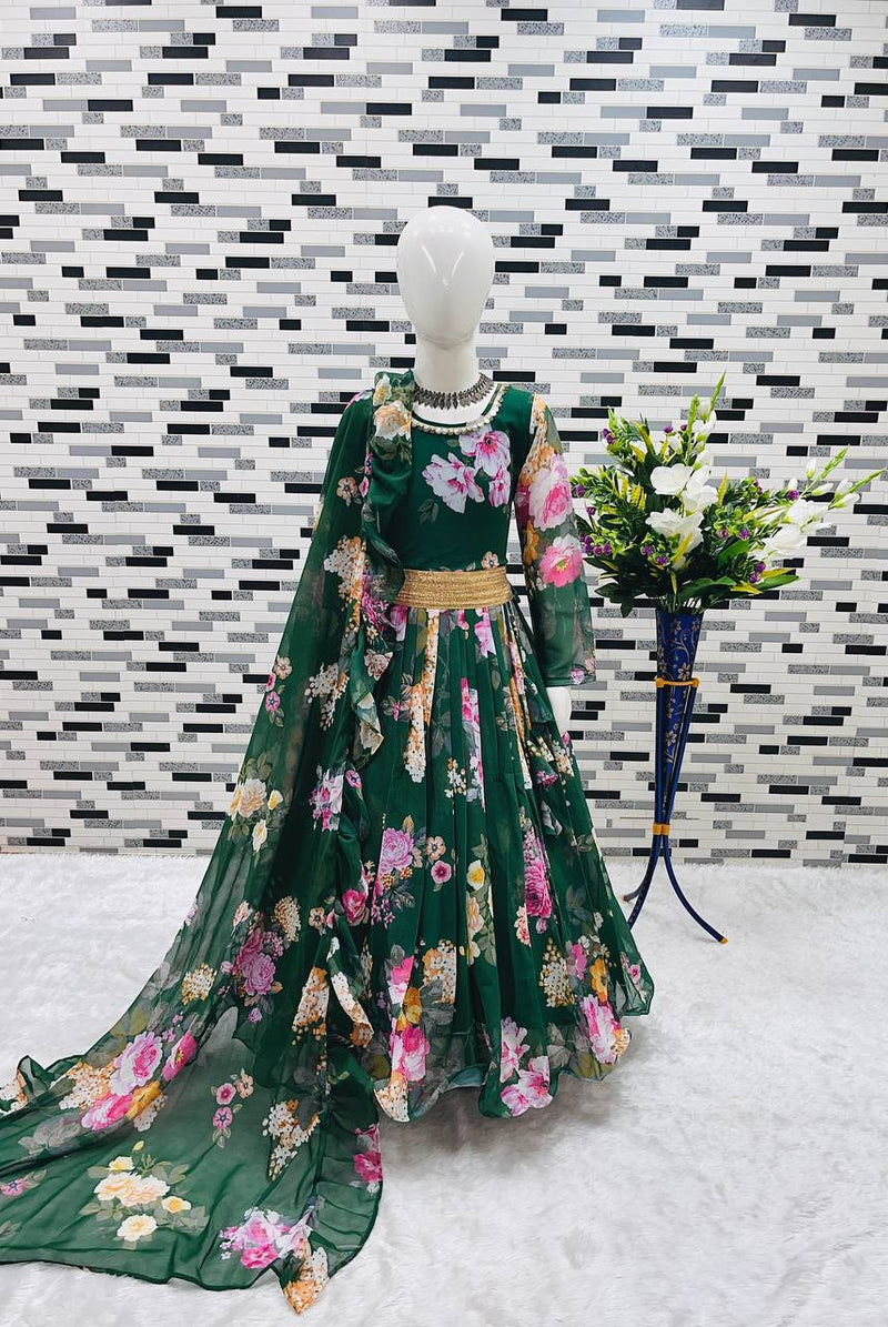 Presenting New Designer Heavy Fox Georgette Gownn With Digital Print Work Ready To Wear Collection OC-142-GREEN