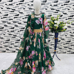 Presenting New Designer Heavy Fox Georgette Gownn With Digital Print Work Ready To Wear Collection OC-142-GREEN