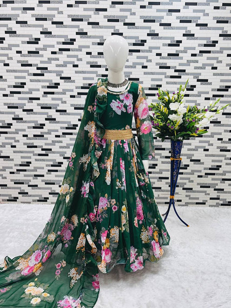 Presenting New Designer Heavy Fox Georgette Gownn With Digital Print Work Ready To Wear Collection OC-142-GREEN