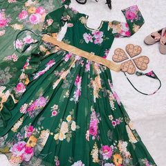 Presenting New Designer Heavy Fox Georgette Gownn With Digital Print Work Ready To Wear Collection OC-142-GREEN