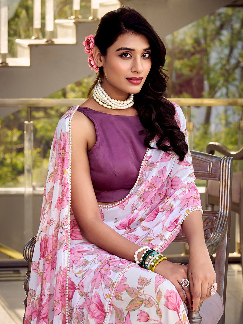 Pink Color Floral Print With Peral Lace Border Weightless Marbal Saree