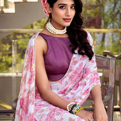 Pink Color Floral Print With Peral Lace Border Weightless Marbal Saree