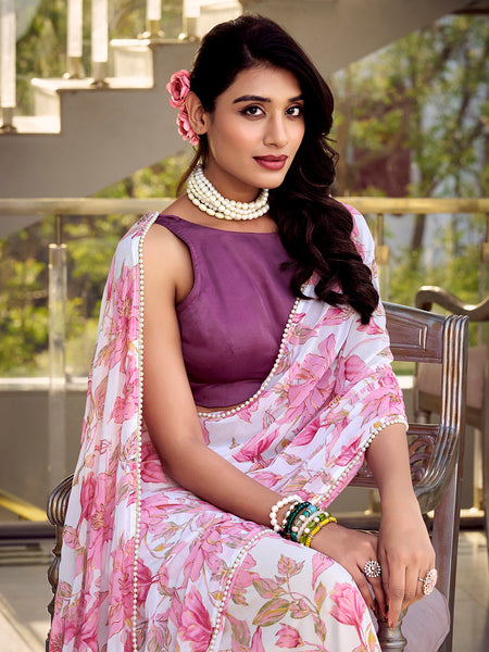 Pink Color Floral Print With Peral Lace Border Weightless Marbal Saree