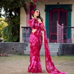 Pink Color Floral Printed Pearl Lace Border Chiffon Saree