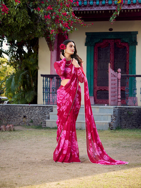 Pink Color Floral Printed Pearl Lace Border Chiffon Saree
