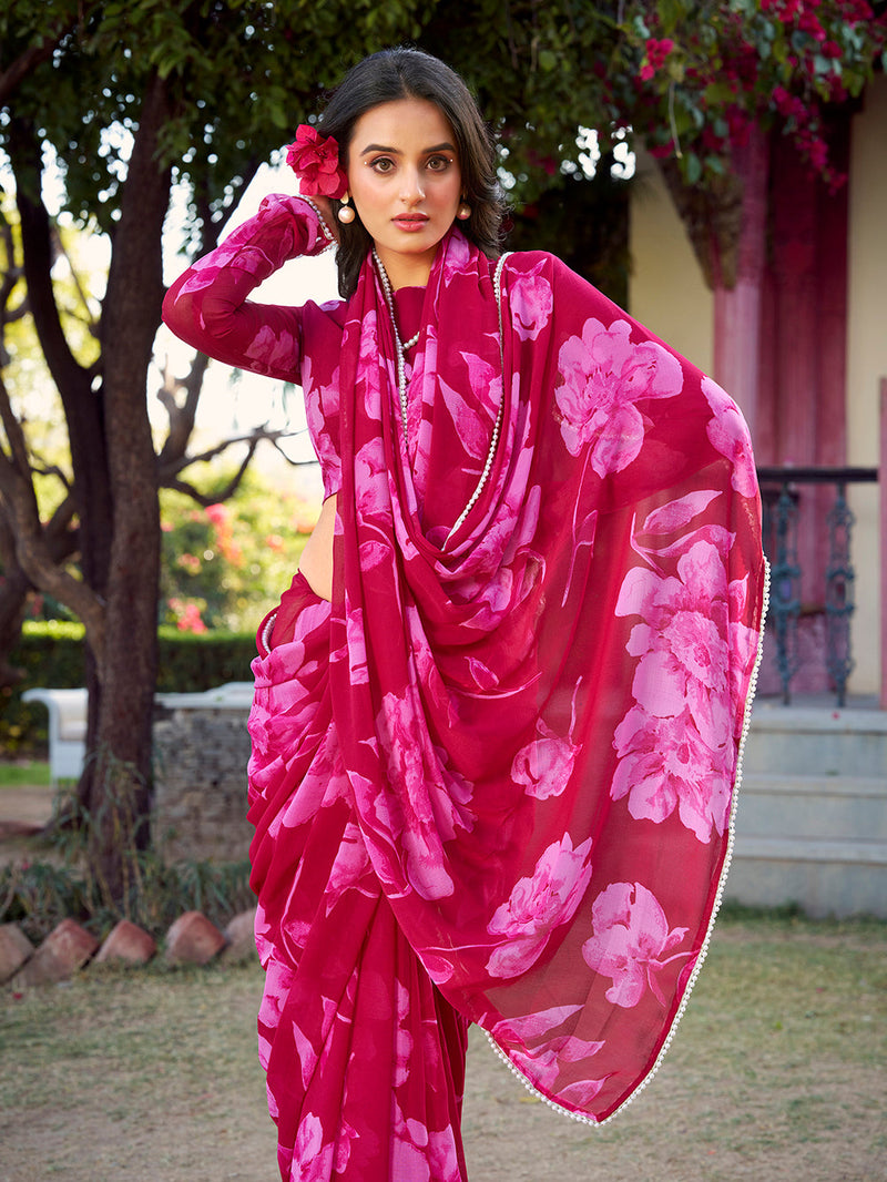 Pink Color Floral Printed Pearl Lace Border Chiffon Saree