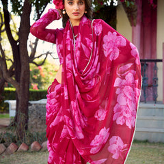Pink Color Floral Printed Pearl Lace Border Chiffon Saree