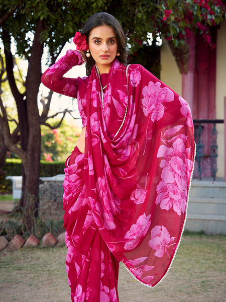 Pink Color Floral Printed Pearl Lace Border Chiffon Saree