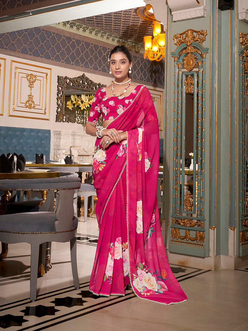 Pink Color Printed With Peral Lace Border Georgette Trending Saree