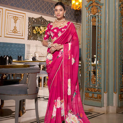 Pink Color Printed With Peral Lace Border Georgette Trending Saree