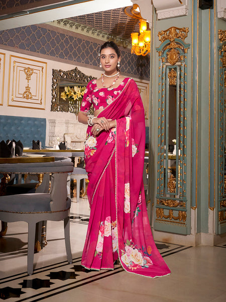Pink Color Printed With Peral Lace Border Georgette Trending Saree