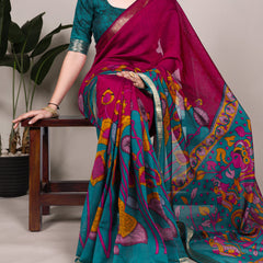 Pink Color Tradition Floral Printed With Zari Weaving Work Viscose Chanderi Saree