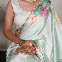 Pista Color Floral Print With Peral Lace Border Satin Silk Indian Saree