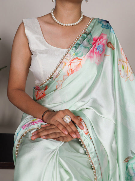 Pista Color Floral Print With Peral Lace Border Satin Silk Indian Saree