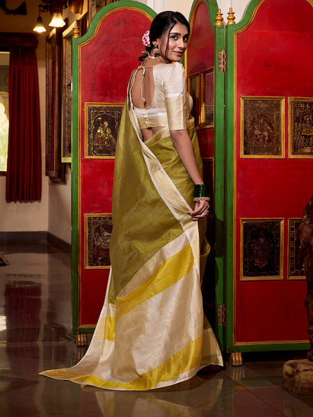 Green Color Zari Weaving Work Jacquard Chex South Saree