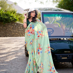 Pista Color Floral Printed And Pearl Lace Border Weightless Marbal Saree