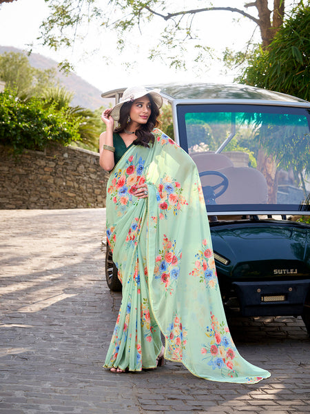 Pista Color Floral Printed And Pearl Lace Border Weightless Marbal Saree