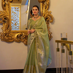 Pista Color Zari Weaving Work With Sequins Border Tissue Shimmer Saree