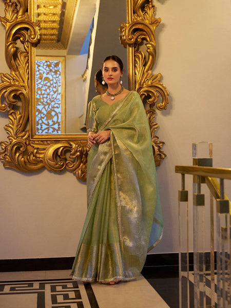 Pista Color Zari Weaving Work With Sequins Border Tissue Shimmer Saree