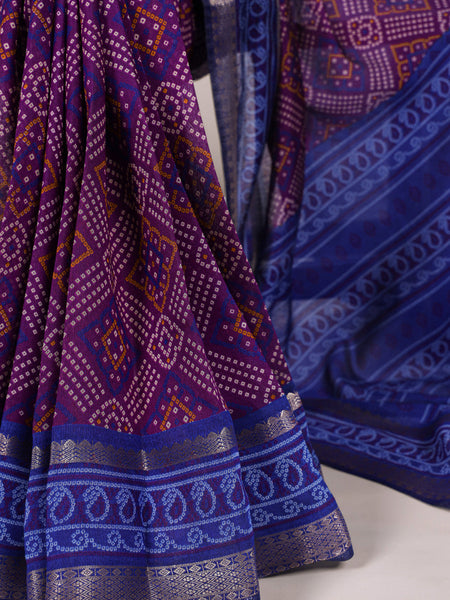 Purple Color Bandhej Print With Zari Weaving Work Viscose Chanderi Saree