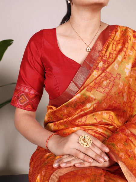 Orange Color Patola Print With Zari Weaving Work Jacquard Silk Saree