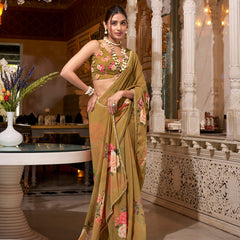 Brown Color Printed With Peral Lace Border Georgette Saree
