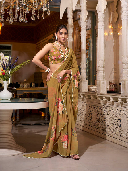 Brown Color Printed With Peral Lace Border Georgette Saree
