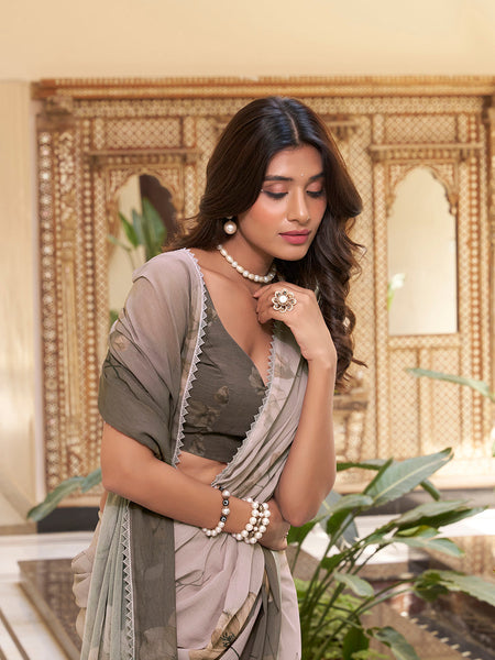 Coffee Color Floral Printed With Weightless Marbal saree