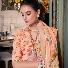 Peach Color Printed With Pearl Lace Border Georgette Saree