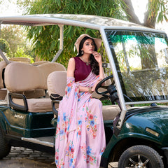 Light Pink Color Floral Printed And Pearl Lace Border Weightless Marbal Saree