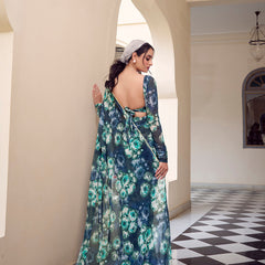 Navy Blue Color Floral Printed With Peral Lace Border Weightless Marbal Saree