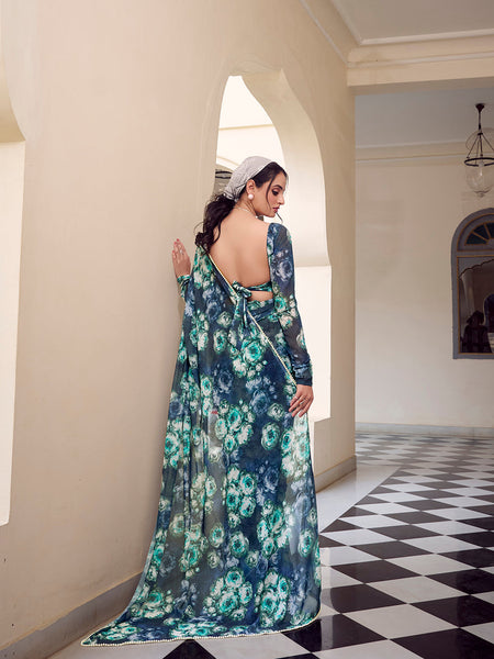 Navy Blue Color Floral Printed With Peral Lace Border Weightless Marbal Saree