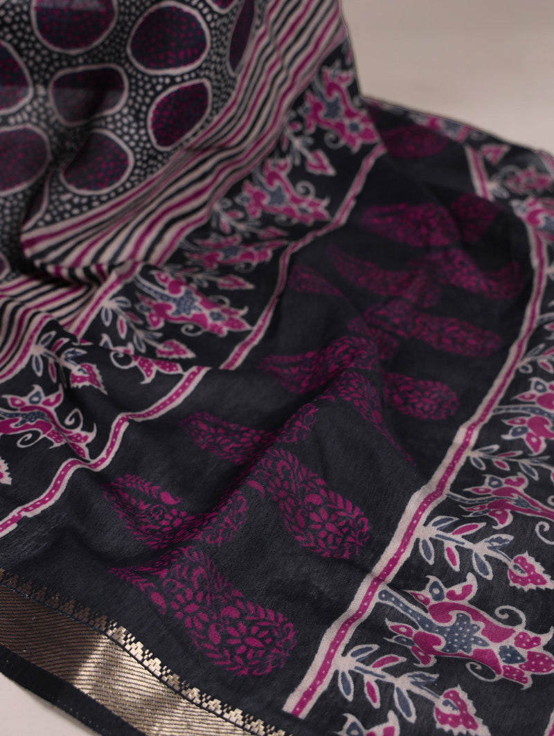 Navy Blue Color Printed With Temple Border Polyester Viscose Chanderi Saree