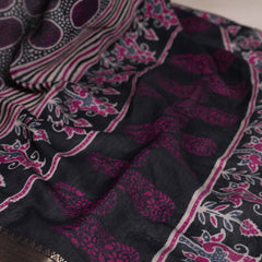 Navy Blue Color Printed With Temple Border Polyester Viscose Chanderi Saree