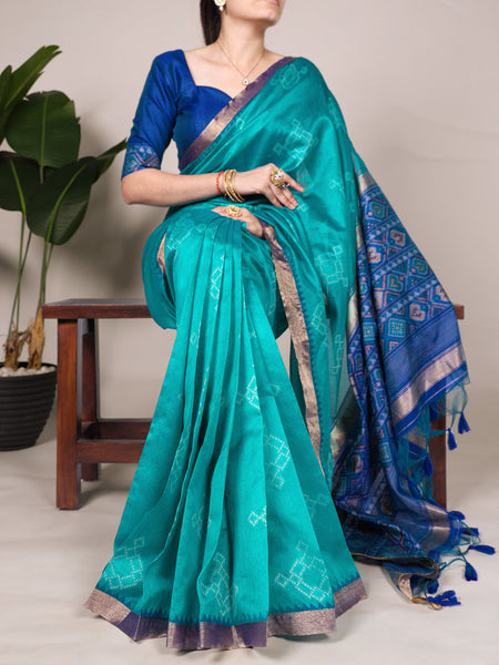 Teal Color Printed With Zari Weaving Work Jacquard Silk Saree
