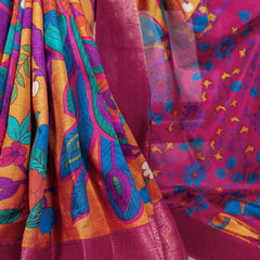 Mustard Color Printed With Zari Weaving Work Tussar Silk Saree