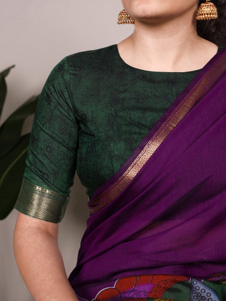 Purple Color Tradition Floral Printed With Zari Weaving Work Viscose Chanderi Saree