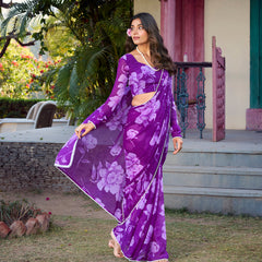 Purple Color Floral Printed Pearl Lace Border Chiffon Saree