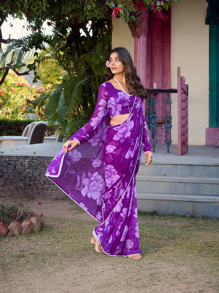 Purple Color Floral Printed Pearl Lace Border Chiffon Saree