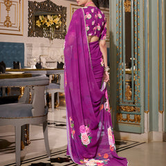 Purple Color Printed With Peral Lace Border Georgette Fancy Saree
