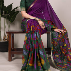 Purple Color Tradition Floral Printed With Zari Weaving Work Viscose Chanderi Saree