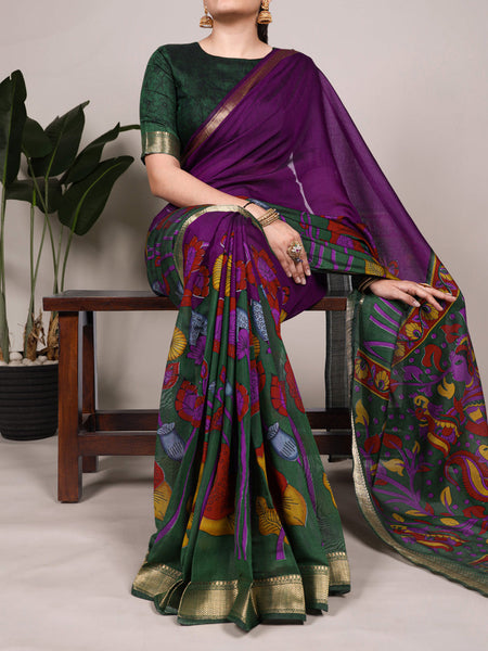 Purple Color Tradition Floral Printed With Zari Weaving Work Viscose Chanderi Saree