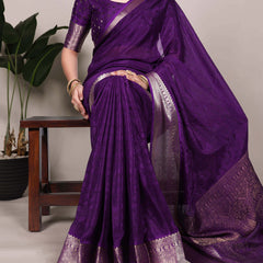 Purple Color Self Printed With Zari Weaving Work Chinon Saree