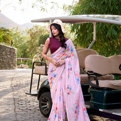 Light Pink Color Floral Printed And Pearl Lace Border Weightless Marbal Saree