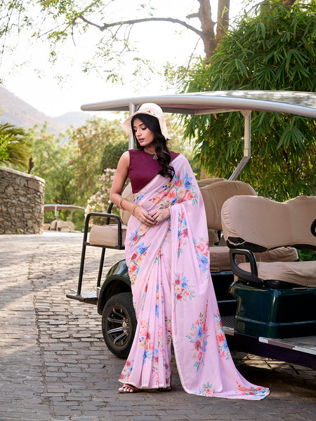Light Pink Color Floral Printed And Pearl Lace Border Weightless Marbal Saree