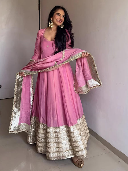 Prisha Pink Vichitra Silk Anarkali Suit Set