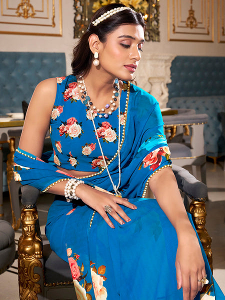 Firozi Color Printed With Peral Lace Border Georgette Stylist Saree