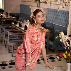 Orange Color Printed With Pearl Lace Border Georgette Saree
